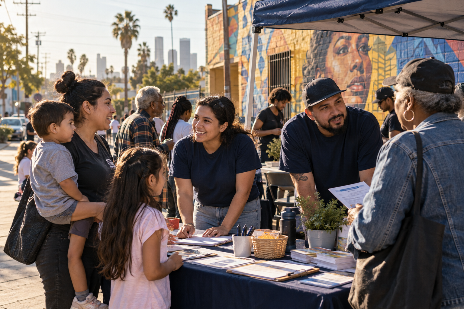 Los Angeles residents and volunteers connecting at a neighborhood resource table.