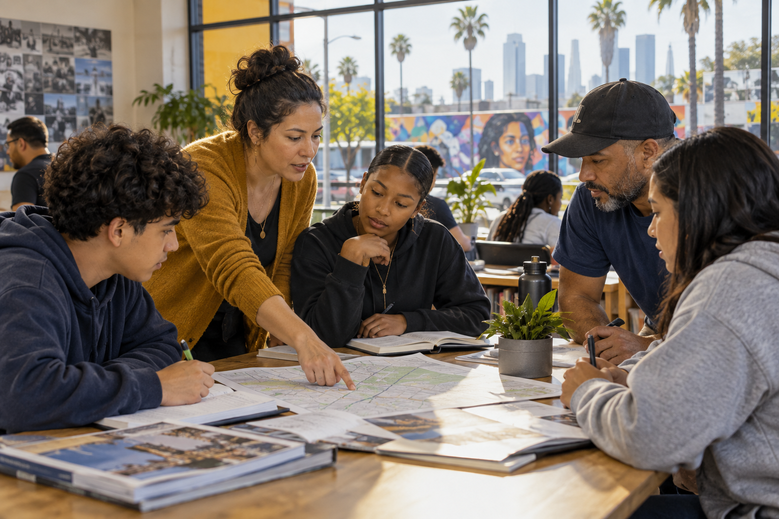 Young people and community leaders collaborating around a neighborhood resource map in Los Angeles.